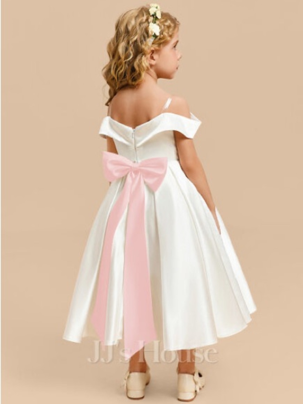 JJs House Flower Girls Off-Shoulder Ivory Formal Dress with Pink Bow Sash